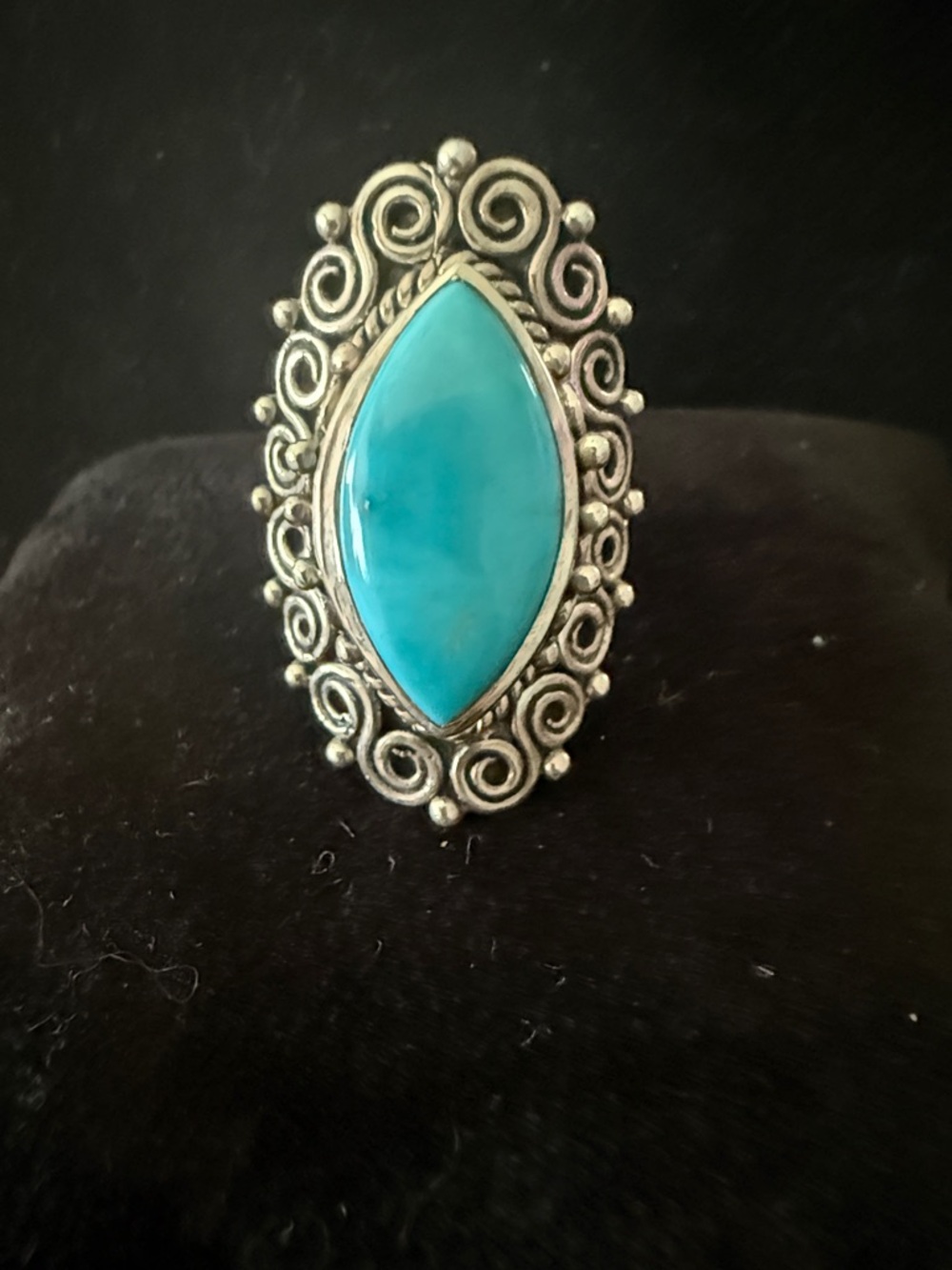 sterling silver and marquis shaped blue turquoise ring